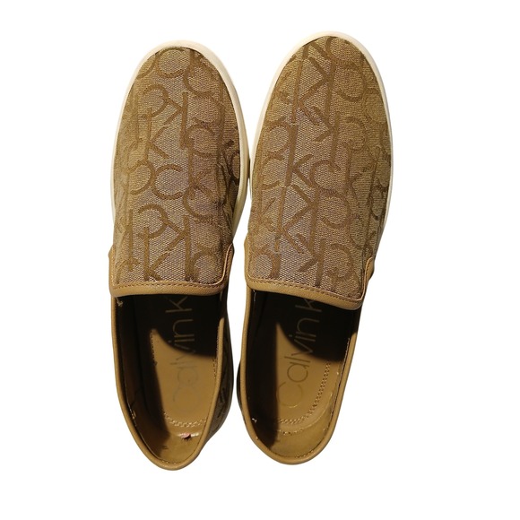 Calvin Klein Canvas Monogram Slip On Sneakers Tan Brown Women's Size 8 - Picture 4 of 7